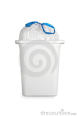 Balde Do Lixo Branco Com O Saco De Lixo Plástico