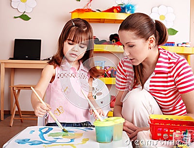 Child Play Room on Home   Stock Images  Child With Teacher In Play Room Draw Paint