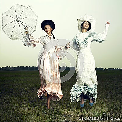 Dress Model Woman on Home   Royalty Free Stock Photos  Two Woman In Vintage Dress